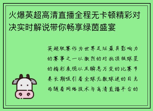 火爆英超高清直播全程无卡顿精彩对决实时解说带你畅享绿茵盛宴 火爆英超高清直播全程无卡顿精彩对决实时解说带你畅享绿茵盛宴