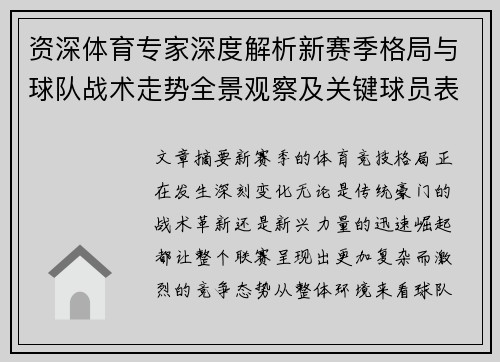 资深体育专家深度解析新赛季格局与球队战术走势全景观察及关键球员表现